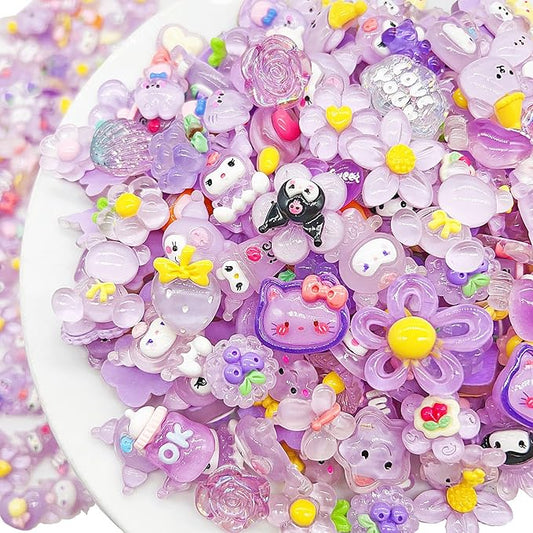 JINDUODUO 60 Pcs Slime Charms Bulk DIY Craft Making Kit, Cute Flat Back Resin Charms for Crafts (Purple)