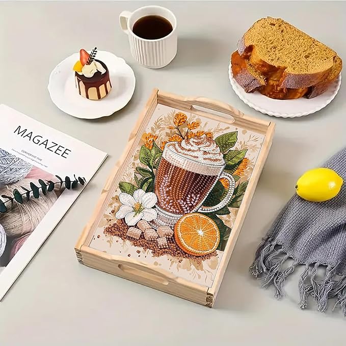 DoxQcs DIY Diamond Art Wooden Tray Kit Easter Food Tray with Handle Diamond Painted Table Decoration Tray for Breakfast Bar Dinner Table Diamond Art Painting for Beginners-#11-Coffee