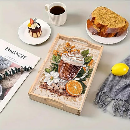 DoxQcs DIY Diamond Art Wooden Tray Kit Easter Food Tray with Handle Diamond Painted Table Decoration Tray for Breakfast Bar Dinner Table Diamond Art Painting for Beginners-#11-Coffee