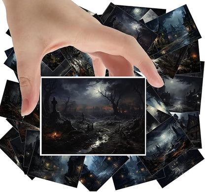 Large Stickers 24 pcs (2.5"x3.5" Each) Sinister Landscapes of Creepy Graveyards at Night Vintage Halloween Postcards Retro Greeting Card Book Illustration Reprint