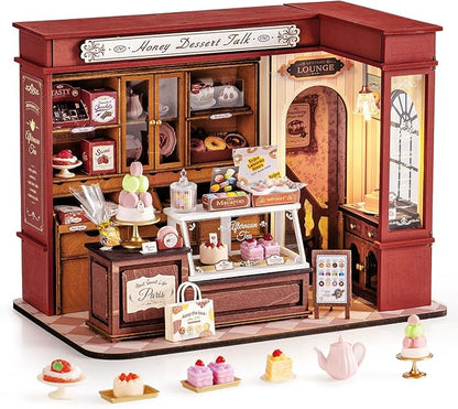 Rolife DIY Dollhouse Miniature House Kit 1:18 Vintage French Dessert Shop, Wooden Diorama Model Kit Mini House to Build with LED, Arts and Crafts for Adults Home Decor Creative Gift for Boys Girls