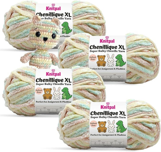 Chenillique XL Plush Chenille Yarn – 4-Pack (352 Yards / 400 g) – Variegated Super Bulky Yarn for Plushies, Blankets, Amigurumi & Accessories - Beach Sand