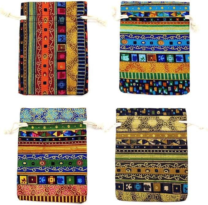 12pc Egyptian Style Jewelry Coin Pouches Aztec Print Drawstring Gift Bag Party Accessories Brocade Cotton Sachet Candy Present Pouch Travel Purse Ethnic (12)