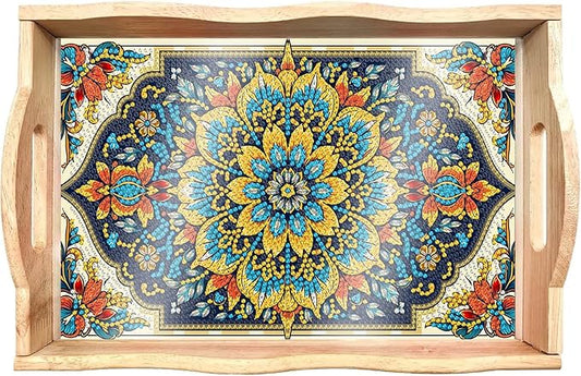 DOTSOPS 5D Diamond Painting Wooden Serving Tray with Handle for Adults DIY Diamond Art Kits for Beginners Full Drill Diamond Dots Gem Arts and Crafts Special Shape 7.8x11.8 Inches Mandala