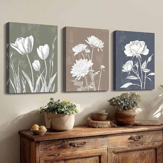 3 Pcs Boho White Flowers Botanical Canvas Wall Art Wooden Rustic Minimalist Farmhouse Floral Wall Paintings Vintage Blossom Picture Artwork Wall Decor for Bedroom Living Room Reay to Hang 16"x24"x3