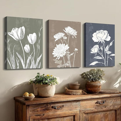 3 Pcs Boho White Flowers Botanical Canvas Wall Art Wooden Rustic Minimalist Farmhouse Floral Wall Paintings Vintage Blossom Picture Artwork Wall Decor for Bedroom Living Room Reay to Hang 16"x24"x3