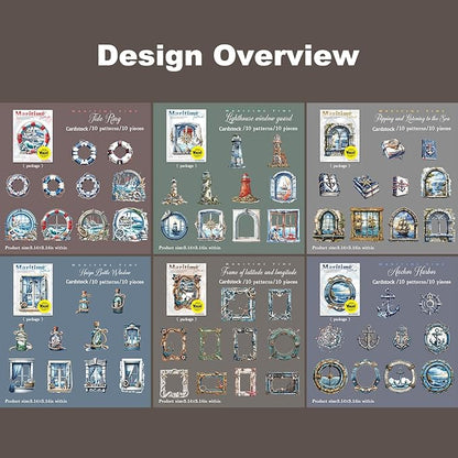 AuriicLeaf Nautical Scrapbook Stickers Set – 60PCS Vintage Maritime-Themed Cardstock Stickers, Adhesive Die-Cuts for Journals, Crafts, Gift Tags, DIY Decor