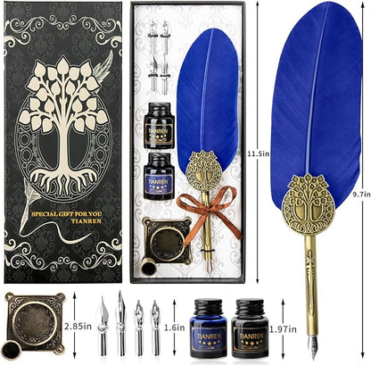TIANREN Quill pen ink set,Feather Pen and Ink Set,Antique Calligraphy Pen with 4 Replaceable Nibs,2 Bottle of ink,Feather Dip Pen Holder Christmas Gift for Men&Women.(Blue)