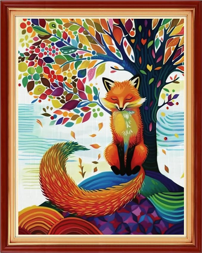 Funchey Stamped Cross Stitch Kits, DIY Cross Stitch Pattern for Adults Beginners Needlepoint Kits Embroidery Kit Arts and Crafts 11CT&Colorful Fox Under The Tree 16x20 inchs