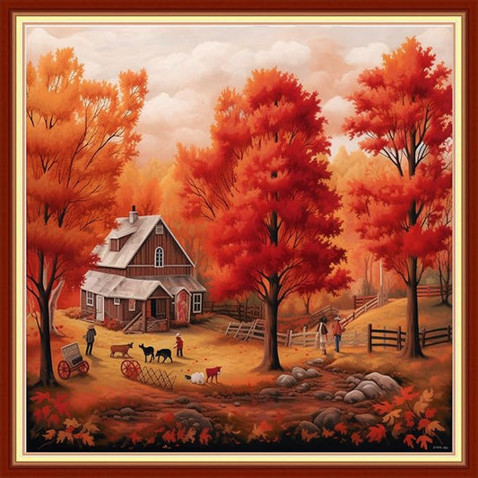 Joyhoor Cross Stitch Kits for Beginners Stamped Cross-Stitch Supplies Needlework preprint Embroidery Kits for Adults DIY Needlepoint Kits Embroidery Patterns 11CT-Red Maple Leaf Scenery 18.x18 inch