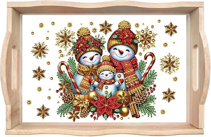 DIY Diamond Art Painting Wooden Tray Kit, Food Tray with Handle Diamond Painted Table Decoration Tray, for Breakfast, Bar Dinner Table Diamond Dots Gem Painting Art Set for Beginners-Snowman4