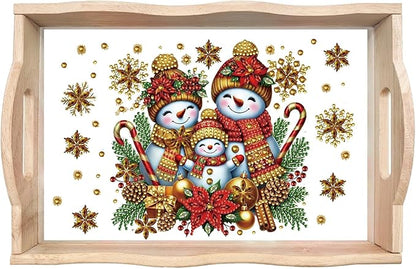 DIY Diamond Art Painting Wooden Tray Kit, Food Tray with Handle Diamond Painted Table Decoration Tray, for Breakfast, Bar Dinner Table Diamond Dots Gem Painting Art Set for Beginners-Snowman4