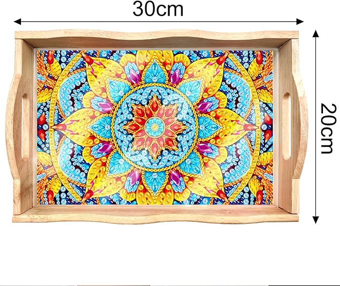 FGbaby DIY 5D Yellow Mandala Diamond Painting Wood Serving Tray with Handles Diamond Art Decor Serving Trays Wooden Tray for Breakfast in Bed, Patio, BBQ, Coffee Table, Party –Great for Lap & Couch