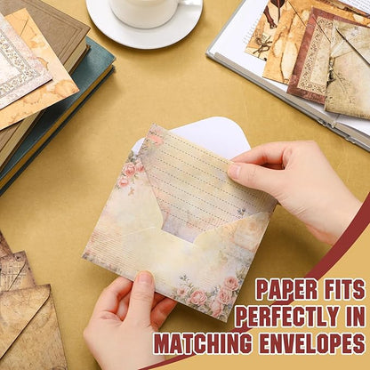 TaoBary 160 Pcs Stationery Paper Set 50 Double Sided Stationery Papers with 50 Matching Envelopes and 60 Round Dot Sticker, 10 Design(Lace Edged Scrapbook,5.5 x 8.25 Inch)