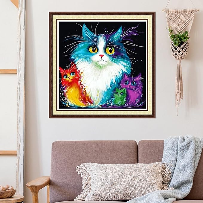 Joycasa Stamped Cross Stitch Kits for Beginners Full Range of Cross Stitching 11 CT Printed Cross Stitch Kit for Adults Cross-Stitch Patterns Needlepoint Kits-Colorful Cat 18x18 inchs