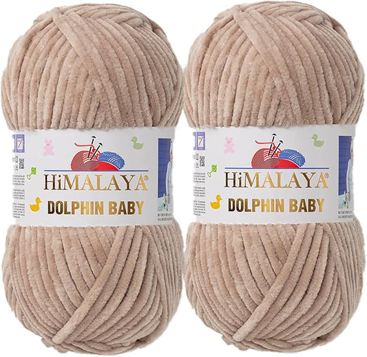 2 Skein/Pack Himalaya Dolphin Baby Chenille Yarn, Each Ball 100 gr (3.5 oz), 120 m (132 Yards), 100% Polyester, Super Bulky Baby Blanket Velvet Amigurumi Yarn, 80317 - Beige