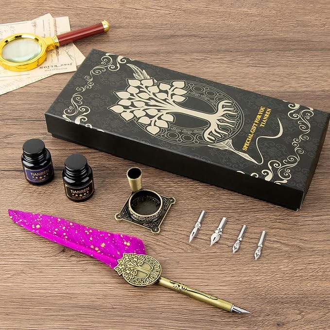 TIANREN Feather Pen and Ink Set,quill pen ink set,Antique Calligraphy Pen with 4 Replaceable Nibs,2 Bottle of ink,Pen Holder Christmas Gift for Men&Women.(Purple)