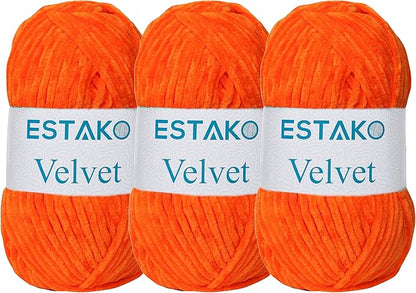 Estako Velvet (3- Skeins Pack) Chenille Blanket amigurumi Yarn for Crocheting and Knitting Super Bulky 3x100 gr (3x132 yds) (1710 - Orange)