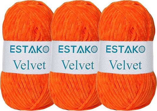 Estako Velvet (3- Skeins Pack) Chenille Blanket amigurumi Yarn for Crocheting and Knitting Super Bulky 3x100 gr (3x132 yds) (1710 - Orange)