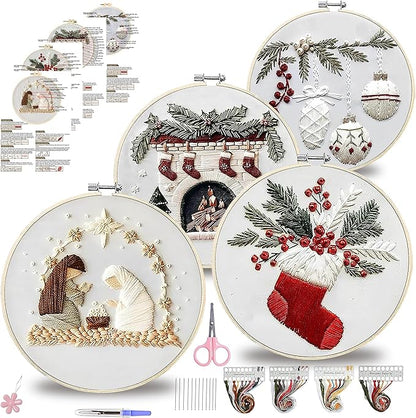 QBQBQ 4 Sets Christmas Embroidery Kits for Adults, Embroidery Kit for Beginners, Cross Stitch Kits for Beginners with Pattern, Needles, Threads, Tools (Christmas Kits B)