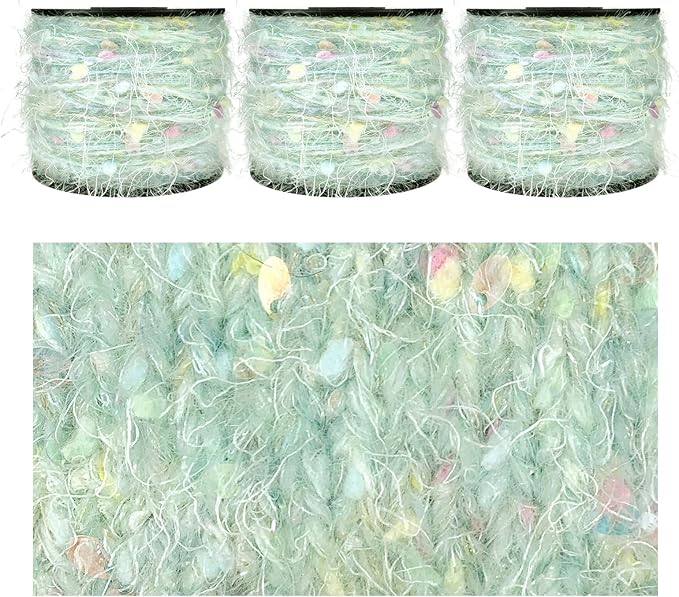 Hand-Blended Multifiber Multicolored Fancy Yarn with Iridescent Glitters for Knitting Crocheting Crafts DIY, Set of 3 Rolls (Light Green)