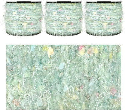 Hand-Blended Multifiber Multicolored Fancy Yarn with Iridescent Glitters for Knitting Crocheting Crafts DIY, Set of 3 Rolls (Light Green)