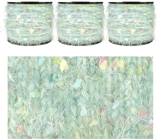 Hand-Blended Multifiber Multicolored Fancy Yarn with Iridescent Glitters for Knitting Crocheting Crafts DIY, Set of 3 Rolls (Light Green)