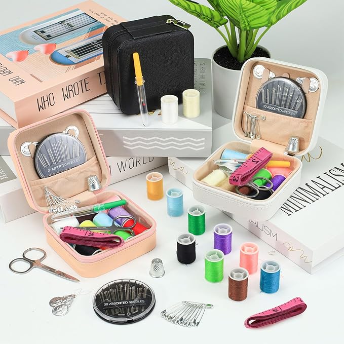 LELE LIFE Mini Travel Sewing Kit Leather Case, Small Sewing Kit for Adults and Beginners, Basic Needle and Thread Kit for Emergency Hand Sewing Repair Supplies (White)
