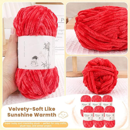 Velvet Chenille Yarn Pack – 6 Skeins × 100g Super Bulky (CYC #6) – Soft Velvet Chunky for Crocheting & Knitting, Fluffy Chenille Yarn for Blankets, Scarves & Crafts (Red)