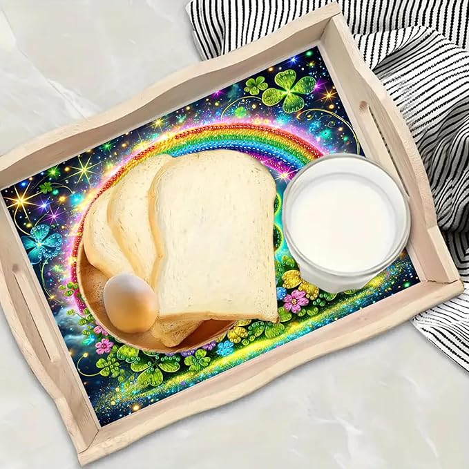 DoxQcs DIY Diamond Art Wooden Tray Kit Easter Food Tray with Handle Diamond Painted Table Decoration Tray for Breakfast Bar Dinner Table Diamond Art Painting for Beginners-#06-Rainbow Clover