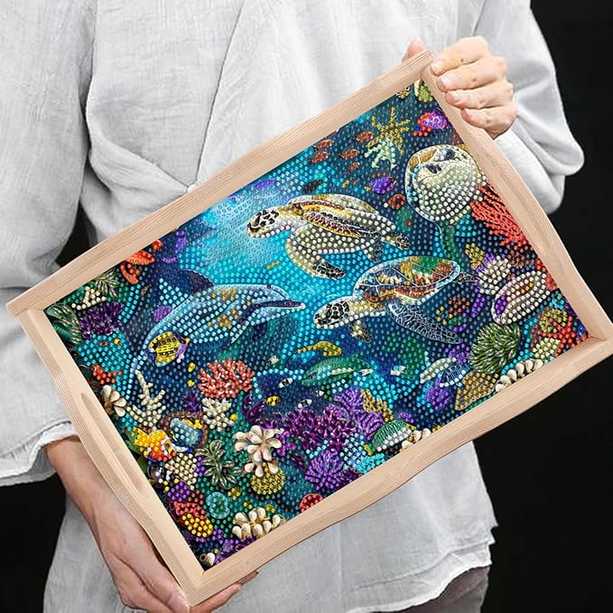 DOTSOPS Sea World Diamond Art Tray with Handle 5D Diamond Painting Plate Paint by Numbers Kits for Living Room(7.8x11.8 inches)