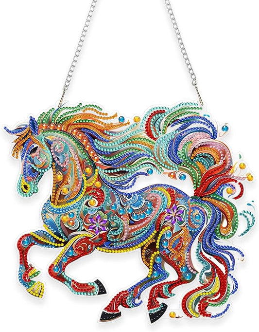 Nivvey DIY Hanging Diamond Art Pendant Kit Horse, Special Diamonds Painting Ornament Kit Animal, Acrylic Board Gem Craft Kit for Window Suncatcher, Box Package,9.6x8.6inch