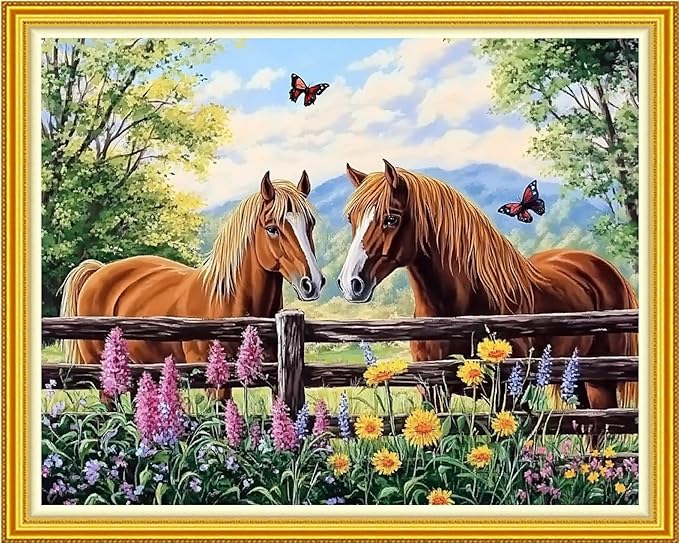 Fanxvivy Stamped Cross Stitch Kits for Beginners Full Range of Cross Stitching Preprinted Embroidery Kits for Adults, 11CT Embroidery Pattern Needlepoint Kits-Couple Horse 16x20 inch