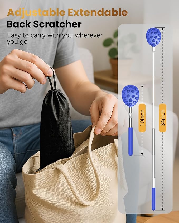 Telescoping Back Scratcher with 5 Detachable Heads, Gifts for Christmas, Stocking Stuffers for Men, Women, Him, Her, Dad, Funny White Elephant Gifts for Adults, Gift Box Included