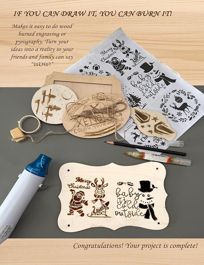 Xenolog Beginner-Friendly Wood Burning kit with Markers, Heat Gun, Wood Slices, Stencils, Pencil, Transfer Paper & plaques - Ideal Gift for Artists, DIY Lovers & Teens