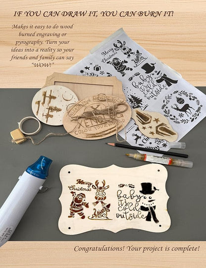 Xenolog Beginner-Friendly Wood Burning kit with Markers, Heat Gun, Wood Slices, Stencils, Pencil, Transfer Paper & plaques - Ideal Gift for Artists, DIY Lovers & Teens