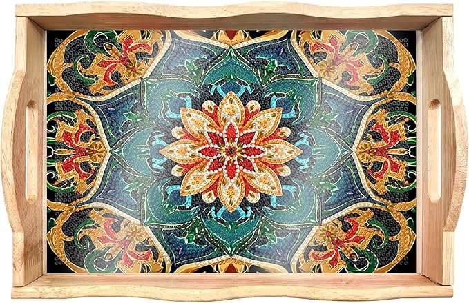DOTSOPS 5D Diamond Painting Wooden Serving Tray with Handle for Adults DIY Diamond Art Kits for Beginners Full Drill Diamond Dots Gem Arts and Crafts Special Shape 7.8x11.8 Inches Mandala