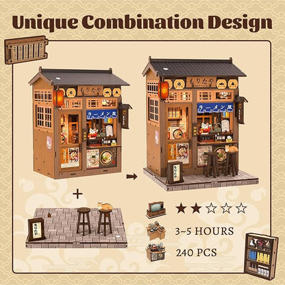 Fsolis Japanese Book Nook Kit - DIY Miniature Scene House Kit, 3D Puzzles for Adults Japan Noodle Shop Tiny House Booknook Craft Bookshelf Decor, Gifts for Women Model Lovers (Morita-Ya Ramen)