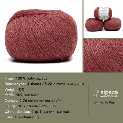 100% Baby Alpaca Yarn Wool Set of 3 Skeins (150 Grams) DK Weight - Made in Peru - Heavenly Soft and Perfect for Knitting and Crocheting (Heather Blush, DK)
