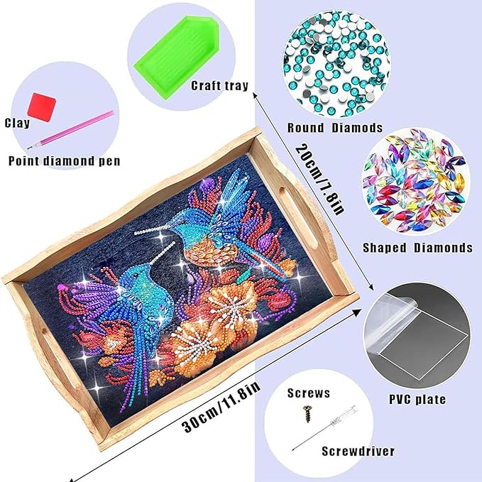 DIY Diamond Art Wooden Tray Kit With Handle, Food Tray for Breakfast, Bar Dinner Table Decoration, Diamond Dots Gem Painting Art Set for Beginners-#23-Hummingbird