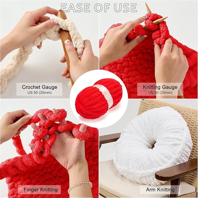 ERLYEEN Chenille Chunky Yarn Super Bulky Soft Thick Fluffy Jumbo Giant Washable Polyester Big Yarn DIY for Arm Knit Blanket Cushion Bed Sofa Home Decor,Red,4.4LB