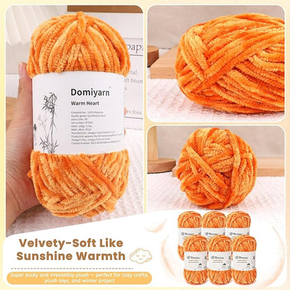 Velvet Chenille Yarn Pack – 6 Skeins × 100g Super Bulky (CYC #6) – Soft Velvet Chunky for Crocheting & Knitting, Fluffy Chenille Yarn for Blankets, Scarves & Crafts (Orange)