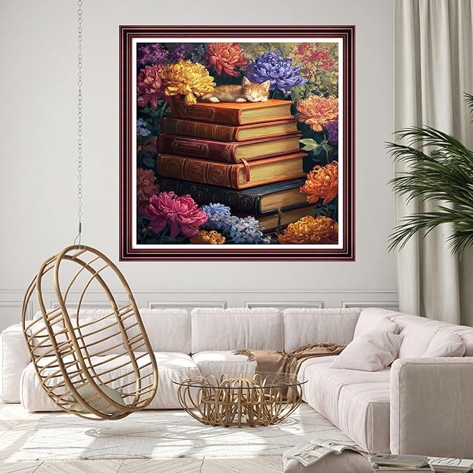 DMCCRAFT Stamped Cross Stitch Kits for Adults 11CT Printed Cross-Stitch Patterns Embroidery Kits Easy Cross Stitching Needlepoint Kits Crossstitch-Cat Flower Book 18x18 inch