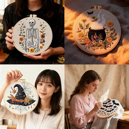 QBQBQ 4 Set Embroidery Kit for Beginners, Cross Stitch Kits Include 6 Inch Hoop, Needles, Threads, DIY Crafts for Adults, Halloween, Skull & Witch Hat Pattern, Home Decor Gift Idea