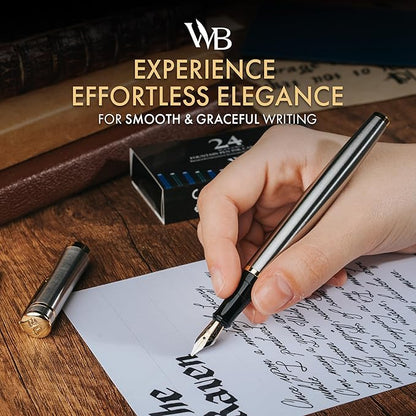 Wordsworth & Black Fountain Pen Set, 18K Gilded Broad Nib, Includes 6 Pack Ink Cartridges, Ink Refill Converter & Gift Box, Gold Finish, Calligraphy, [Silver Gold], Perfect for Men & Women