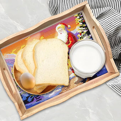 FGbaby DIY 5D Santa Claus Diamond Painting Wood Serving Tray with Handles Diamond Art Decorative Serving Trays Wooden Tray for Breakfast in Bed, Patio, BBQ, Coffee Table, Party –Great for Lap & Couch