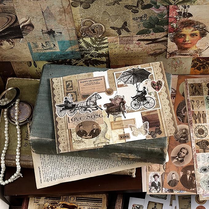 Prstincol Vintage Aesthetic Washi Stickers and Papers for Scrapbooking,40 Sheets Ephemera Book for Art Journaling with Celestial and Ocean Theme Stickers and Decoupage Papers for Junk Journal