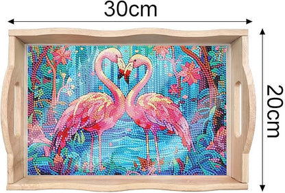 DIY Diamond Art Wooden Tray Kit With Handle, Food Tray for Breakfast, Bar Dinner Table Decoration, Diamond Dots Gem Painting Art Set for Beginners-#27-Flamingo