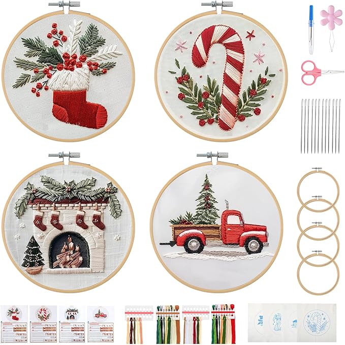 Christmas Embroidery Kit, DIY Hand Embroidery Kit, Beginner Embroidery Kit for Adults, Embroidery Christmas Ornament Kits (B)