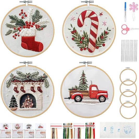 Christmas Embroidery Kit, DIY Hand Embroidery Kit, Beginner Embroidery Kit for Adults, Embroidery Christmas Ornament Kits (B)